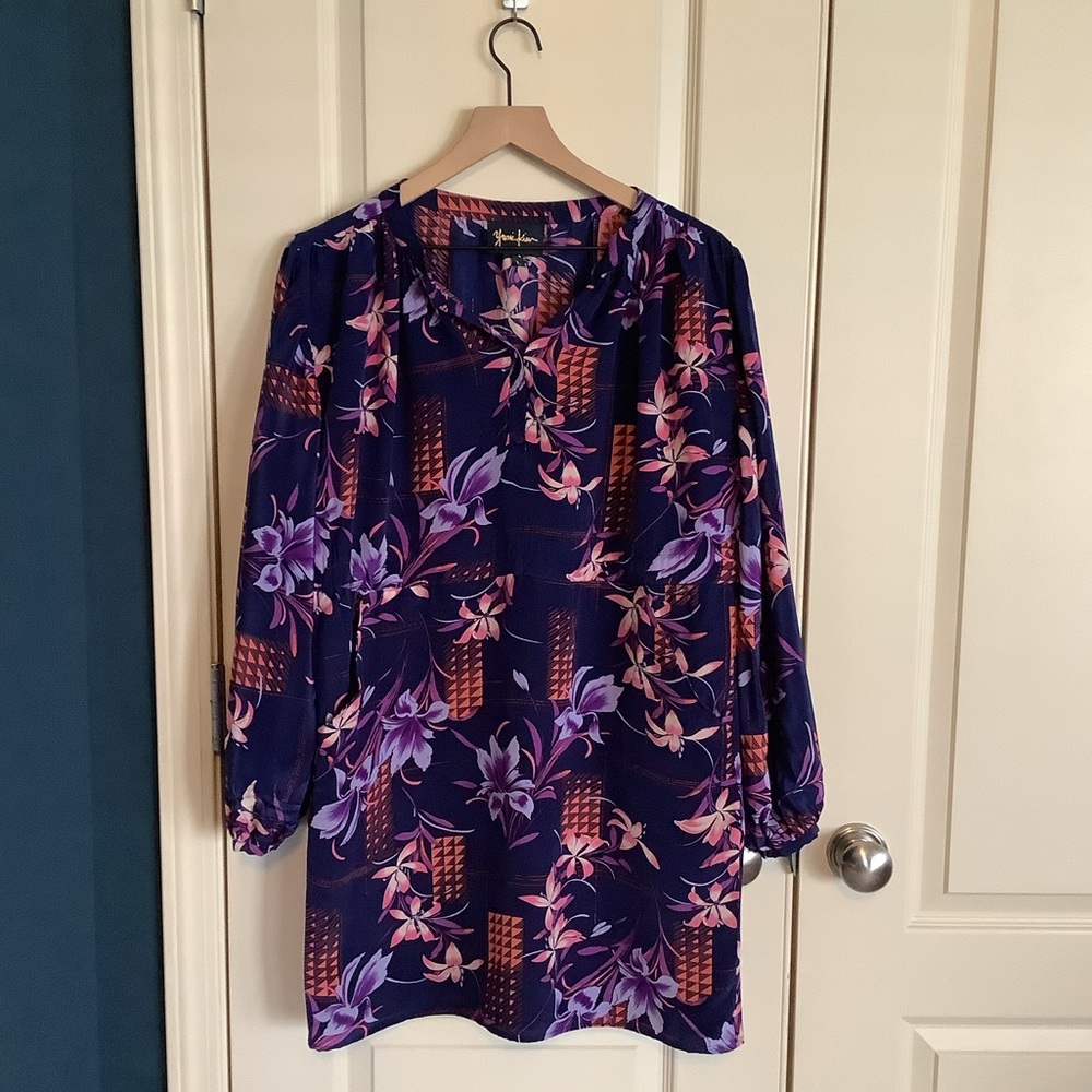 Yumi Kim Silk 3/4 Sleeve Floral Dress Purple Blue Large